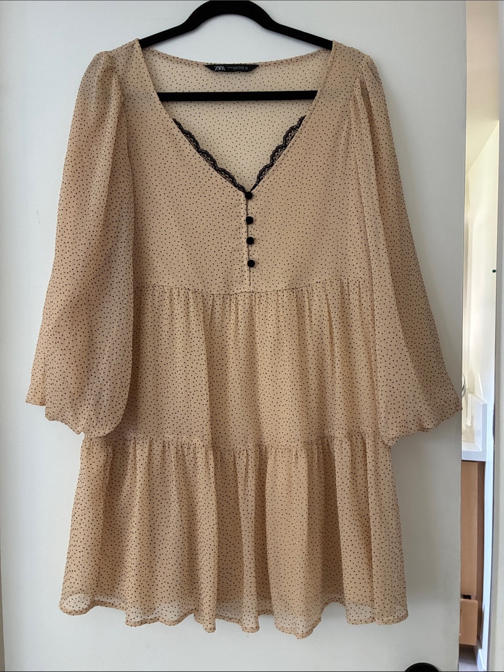 Zara Beige Mini Dress with Black Polka Dots and Lace Trim